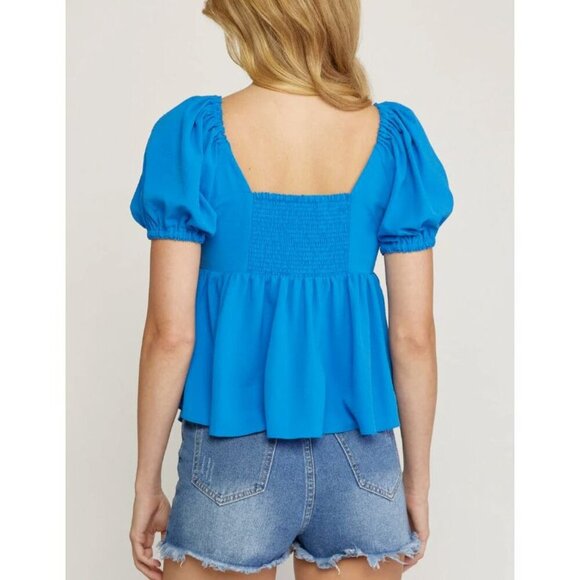 Vici Women Blue Peplum Blouse Small Short Sleeves Lined Plunge V-Neck Smog Back - Picture 5 of 8
